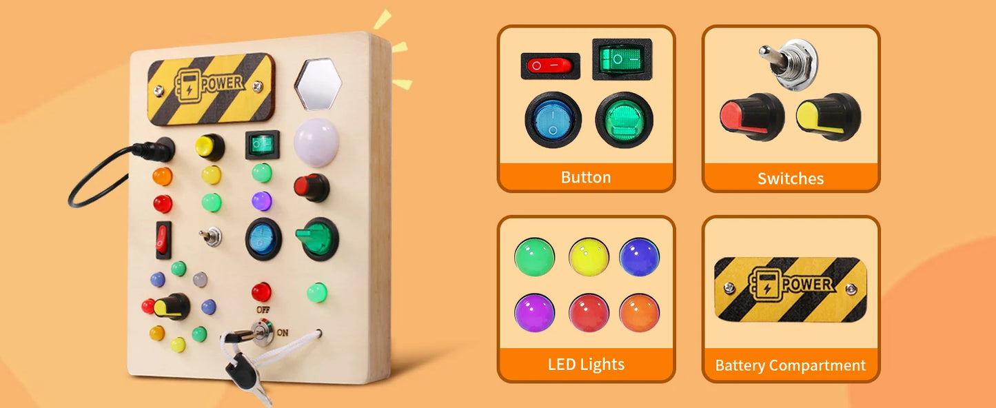 Montessori Wooden Busy Board with LED Lights & Buttons ATTENTION delivery 7-10 working days